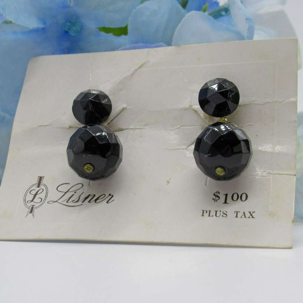 Vtg Lisner Jet Black Faceted Glass Bead Dangle Earrings Screw-Back West Germany
